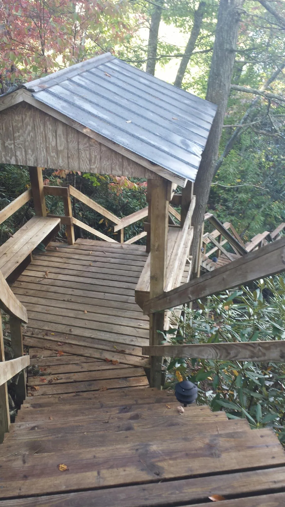 Metal roofed shelter over wooden steps on a wooded walkway — Skylight Repair & Installation work by our crew in Saint Joe